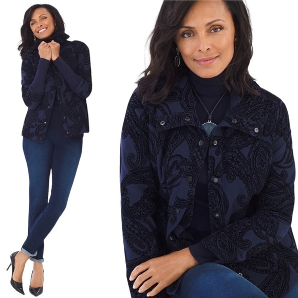 Chico’s Neema Flocked Jacket With Pockets Navy Black M - Picture 1 of 8